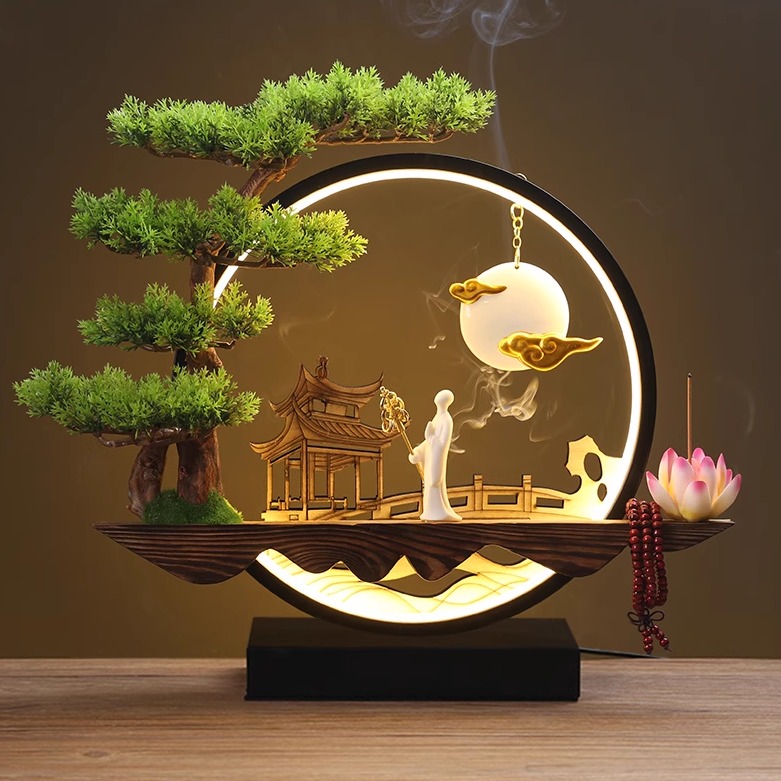 新中式禅意摆件灯圈小夜灯香炉桌面装饰品客厅办公玄关室开业礼品