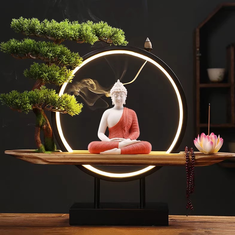 创意灯圈禅意中式如来佛摆件陶瓷东南亚泰佛紫砂释迦牟尼佛像软装