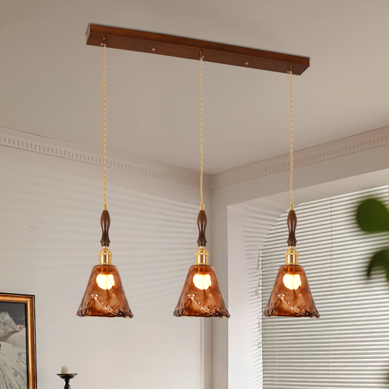黄铜胡桃木高级组合一字餐厅吊灯