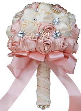 色丁玫瑰新娘水钻捧花 淡香槟玫瑰卷新娘手捧花束婚庆道具W373D