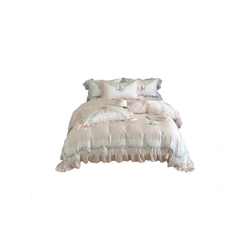 少女心120S春夏季凉感天丝四件套可爱刺绣荷叶边被套床单床上用品,床上用品,床品套件/四件套/多件套,淘宝优惠券,粉丝福利购,淘宝优惠卷