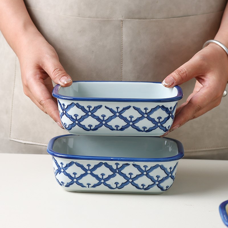 长方饭盘烤盘菠萝芝士焗饭盘家用蒸盘碗蒸锅餐具青花陶瓷釉下彩碗