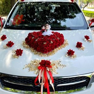 主婚车装 饰套装 结婚红金花车车头仿真花车结婚车队布置新款