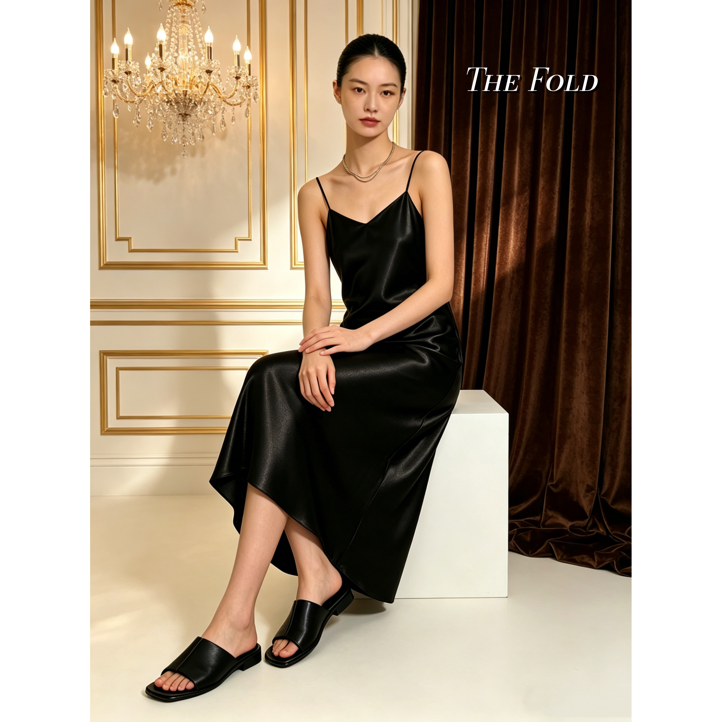 The Fold真丝吊带连衣裙春夏桑蚕丝高定级黑色细闪轻奢缎面小黑裙