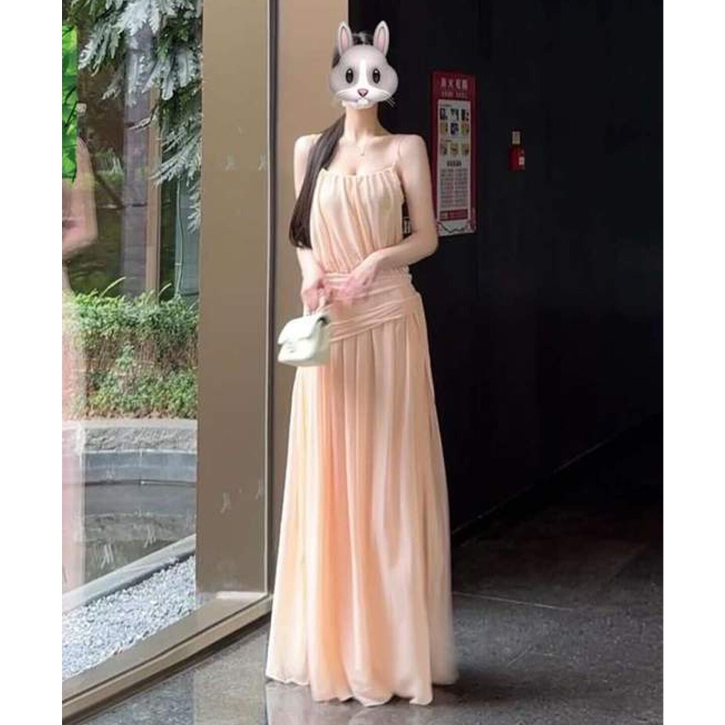 The Fold法式初恋白月光粉色吊带连衣裙子女夏季海边度假抽褶收腰