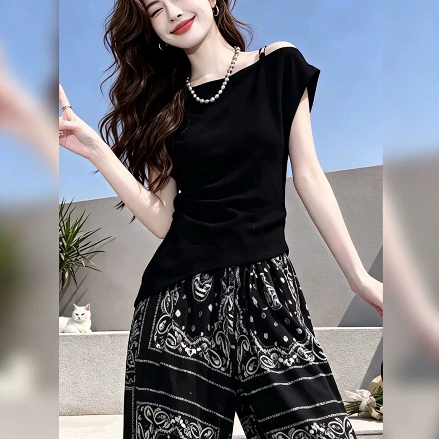 The Fold夏季休闲套装女2026新款复古时尚宽松设计感印花阔腿裤