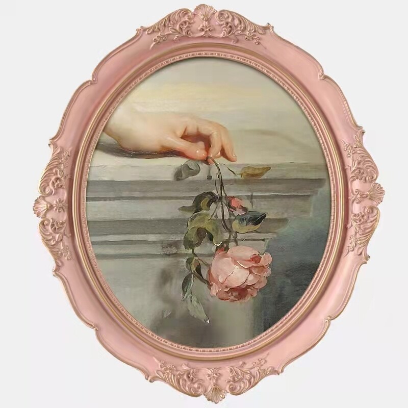 欧式复古轻奢小众风格雕花镜面相框可挂墙椭圆古典油画画框小摆件