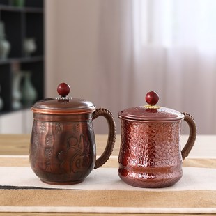 纯铜泡茶b杯紫铜带把办公杯带盖茶杯喝水杯铜茶缸直筒咖啡杯耐热