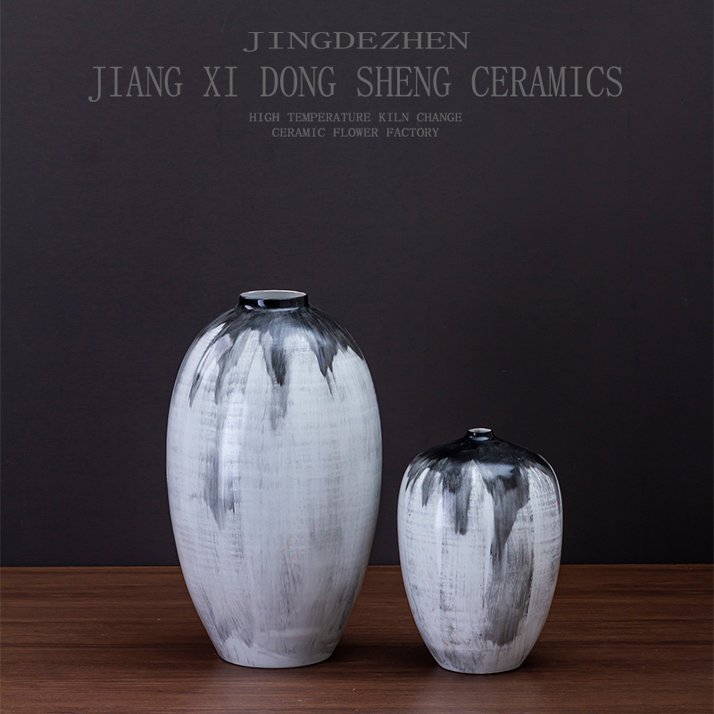 手绘家居设计师样板房间装饰大号陶瓷插花器现代简约黑白干花花瓶