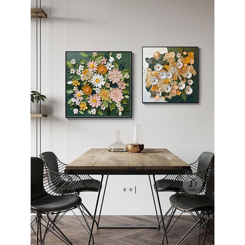 大芬油画村奶油风花卉餐厅卧室挂画沙发后背景装饰画高级感方形画图片