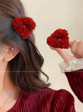 毛绒红色小抓夹女新年猫耳公主头发夹前额刘海侧边夹过年发卡发饰
