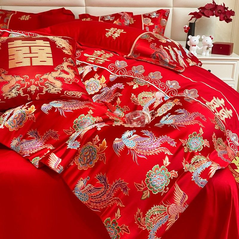 中式龙凤刺e绣结婚四件套大红色新婚陪嫁婚庆被套床单床上用品,床上用品,婚庆床品套件,淘宝优惠券,粉丝福利购,淘宝优惠卷