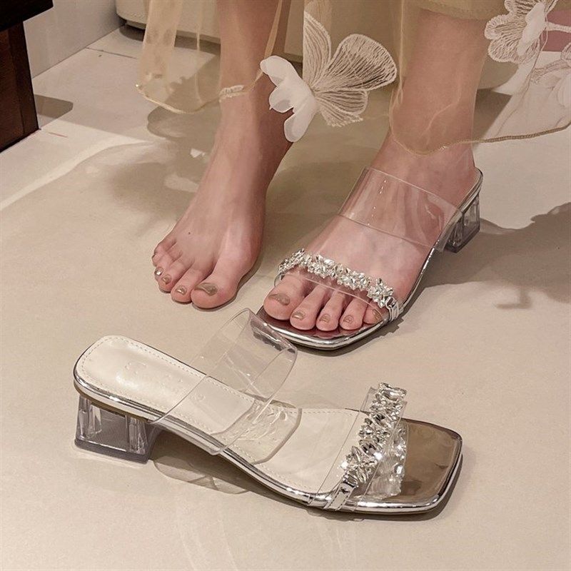 新款银色水晶高跟鞋女2024年夏季时尚I凉鞋外穿粗跟水钻透明带凉,女鞋,一字拖,淘宝优惠券,粉丝福利购,淘宝优惠卷