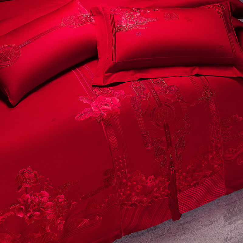 绣花植物花卉全棉结婚四u件套大红色被套婚庆陪嫁奢华床上用品,床上用品,婚庆床品套件,淘宝优惠券,粉丝福利购,淘宝优惠卷