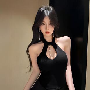 纯欲风镶钻镂空挂脖背心女夏新款辣妹性感吊带抹胸上衣打底衫内搭