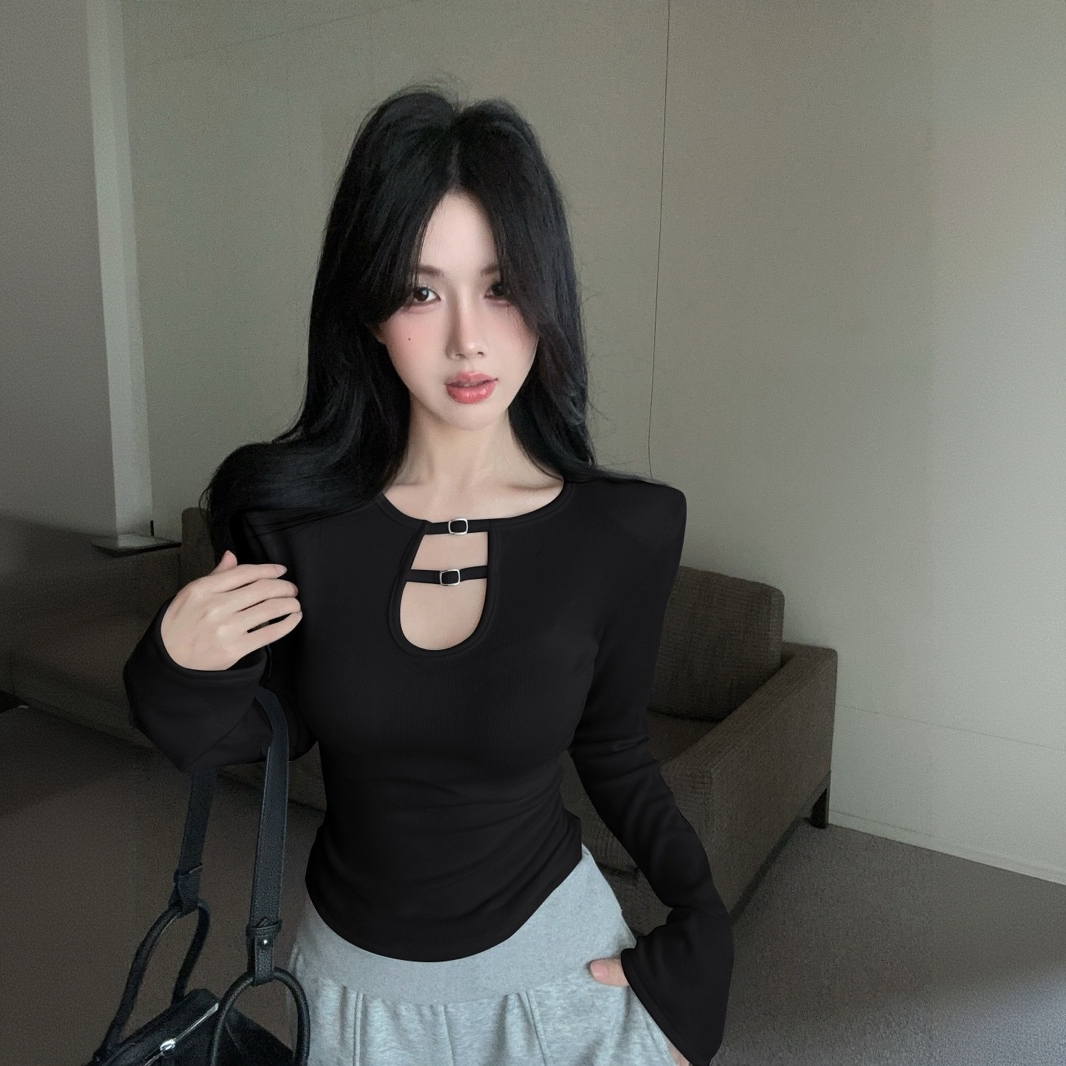 纯欲辣妹时尚感镂空圆领长袖T恤打底衫气质性感修身显瘦百搭上衣