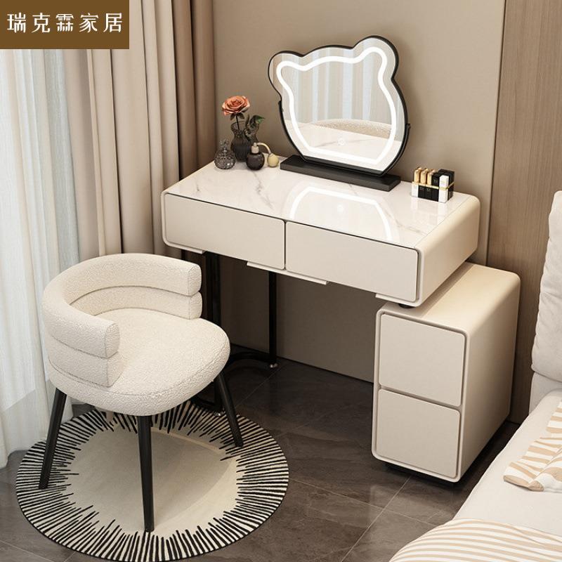 小户型卧室岩板梳妆台60CM现代简约奶油风主卧玻璃斗柜一体化妆桌