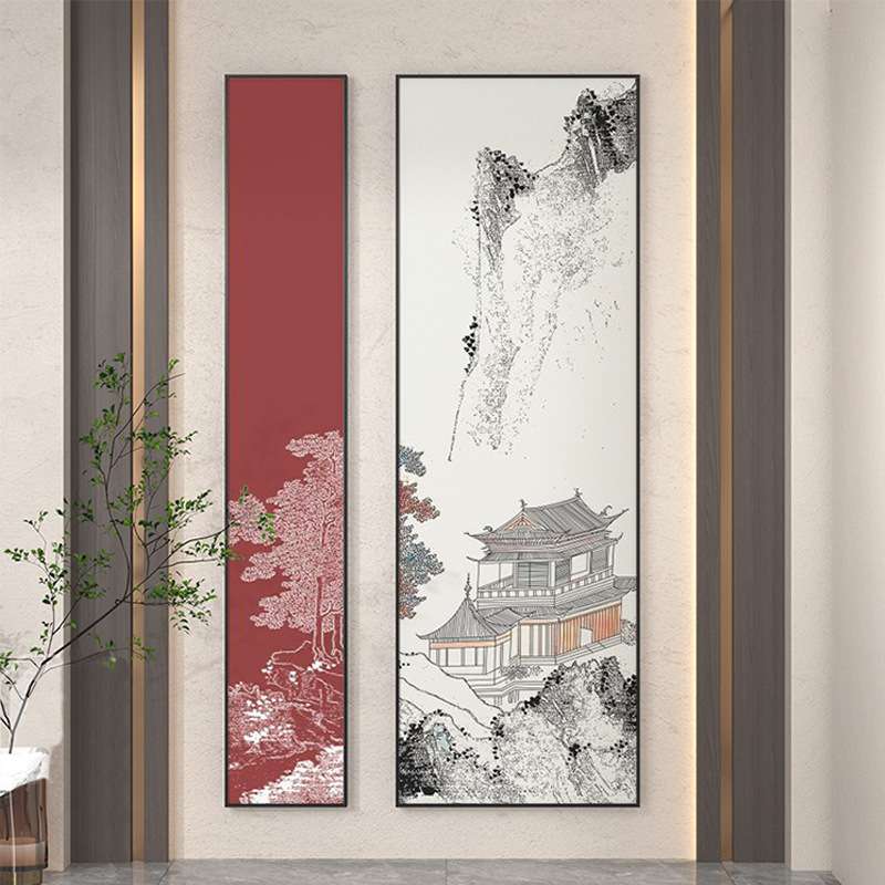 新中式入户玄关装饰画山水场景客厅墙面壁画竖版两联走廊过道挂画图片