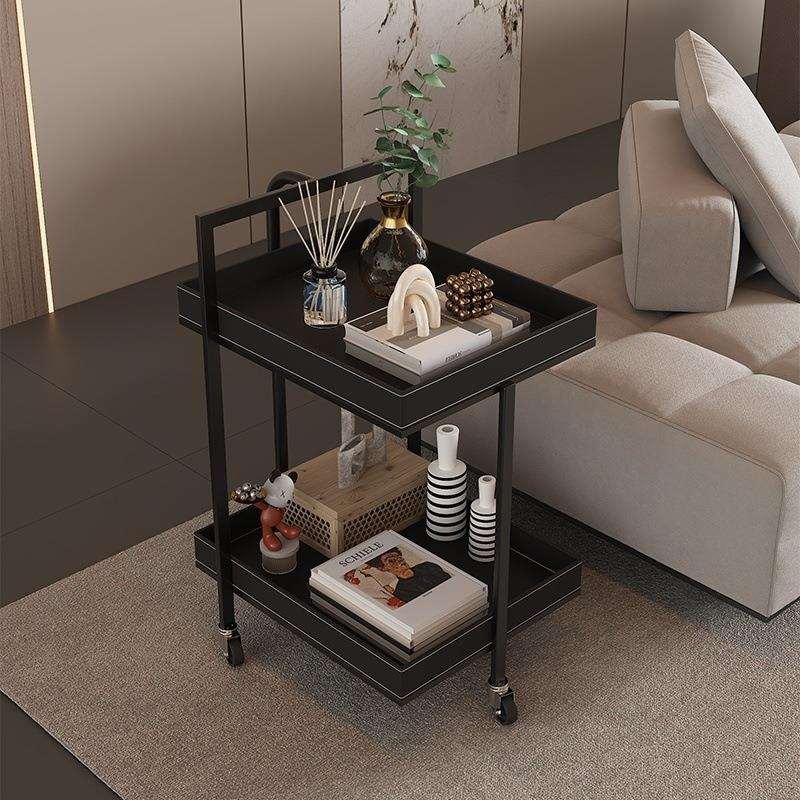 款意式轻奢客厅沙发边几简约豪华皮革角几带轮小推车置物架子