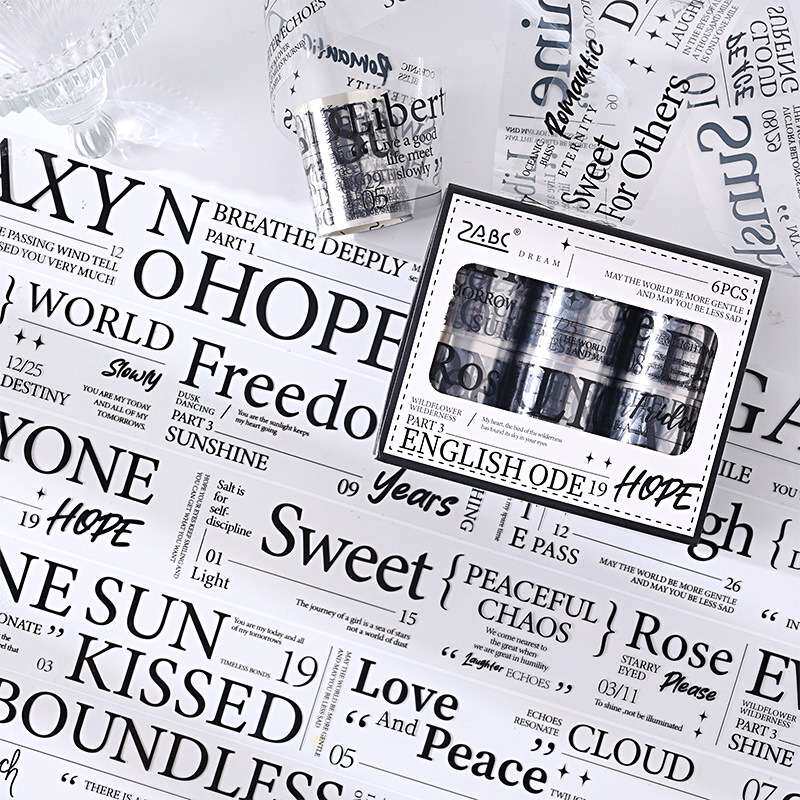 悦真英文颂礼盒套装跨境手帐胶带 防水pet胶带手账文字造景贴纸卷