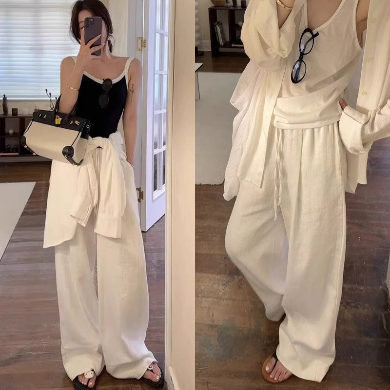 白色棉麻阔腿裤女夏季薄款休闲慵懒透气直筒裤高腰垂感拖地裤子