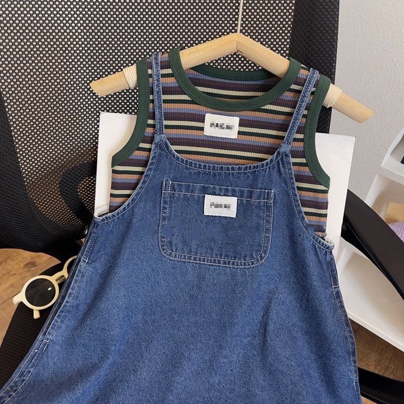 2025夏季新款套装韩版纯色牛仔吊带裙上衣无袖彩色条纹背心两件套