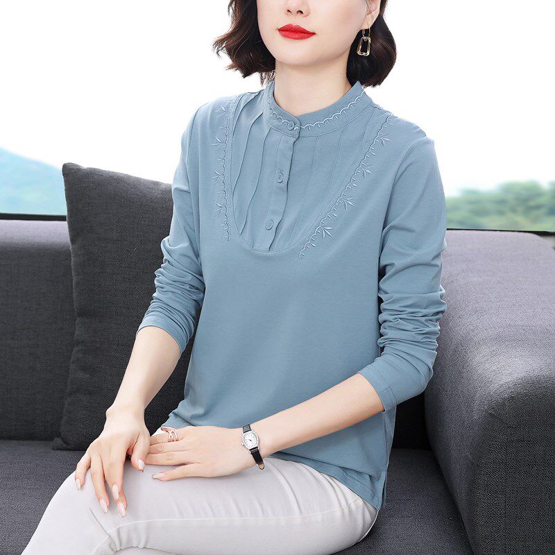 长袖纯棉t桖女秋装新款宽松刺绣大码减龄中年妈妈洋气上衣打底衫
