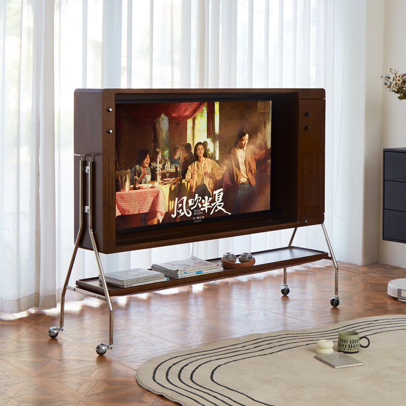 全实木可移动电视柜客厅家用小户型2025新款收纳复中古风储物支架