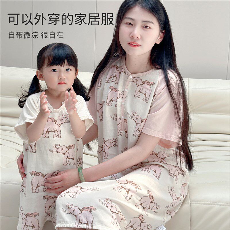 夏亲子睡裙A类竹棉纱布家居服睡衣柔然轻薄透气宝宝儿童空调睡袋