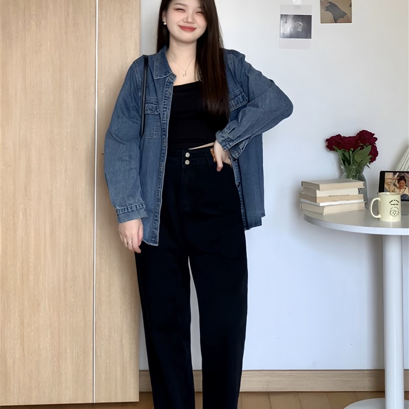 微胖的喵喵 大码mm秋季显瘦宽松遮胯休闲百搭通勤牛仔裤子女 0438