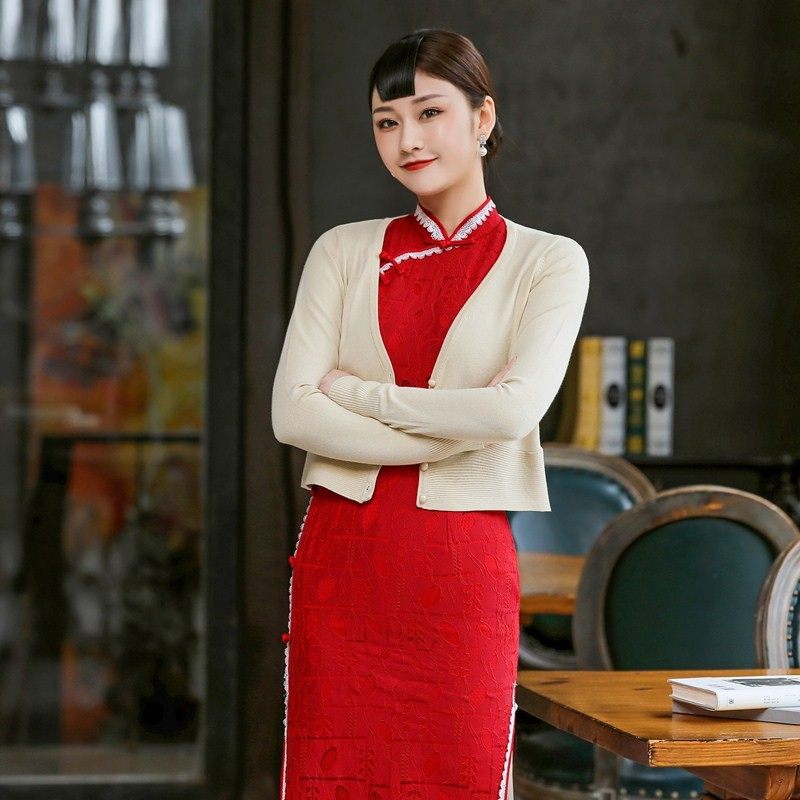 2021春款春秋开衫外套女针织v 领短款薄款小个子修身旗袍外搭披肩