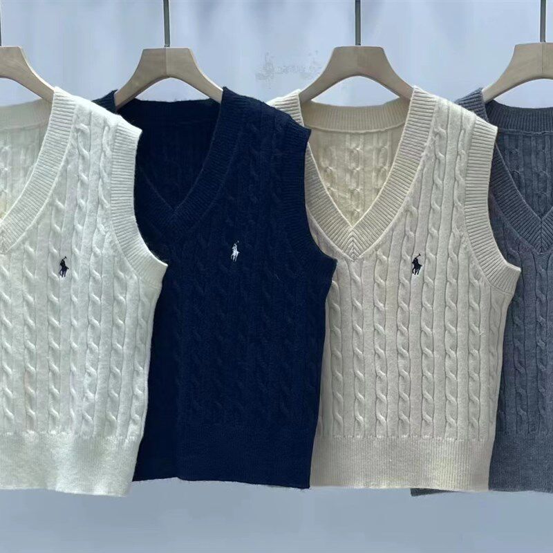 刺绣V领针织衫麻花毛衣马甲女初秋薄款宽松外搭叠穿无袖战马背心