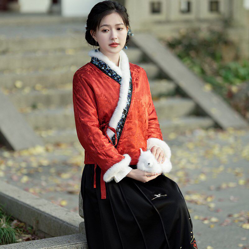 绮瑶 秋冬禅意女装小棉服中式交领汉服真人丝提花茶服短款棉衣袄
