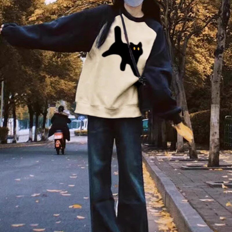 纯棉圆领卫衣少女春秋装13岁大童15初中高中学生宽松加绒长袖外套