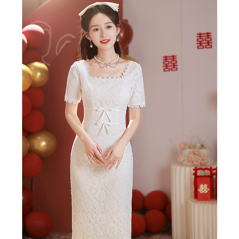订婚晚礼服连衣裙平时可穿领证登记小白裙方领敬酒服新娘蕾丝大气