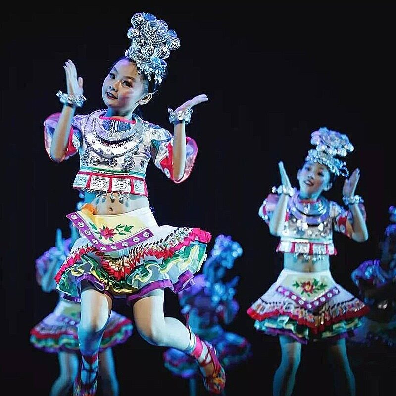 新款小荷风采苗妹妹舞蹈服儿童苗族彝族壮族演出服装少数民族服装