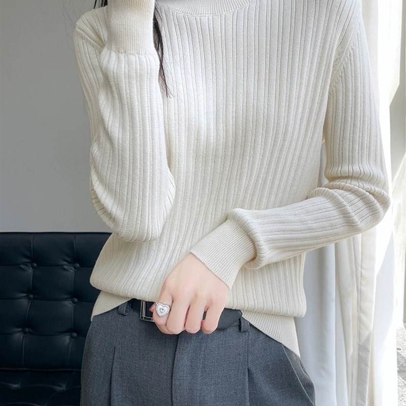 纯棉线半高领打底衫女内搭秋冬修身长袖针织衫2023年新款全棉毛衣