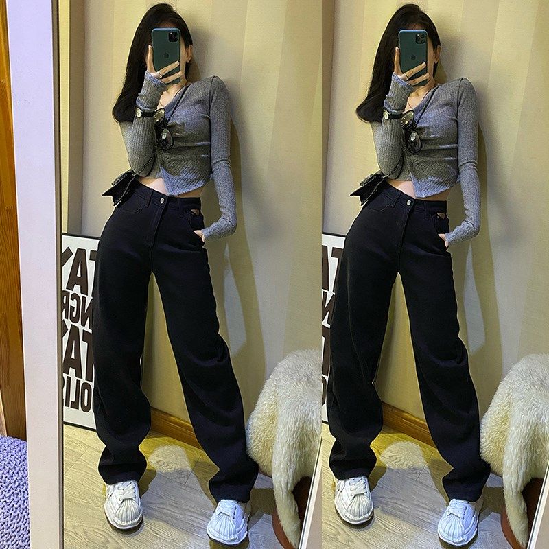 冬季黑色加绒显瘦阔腿牛仔裤女高腰韩版宽松休闲拖地直筒拖地长裤