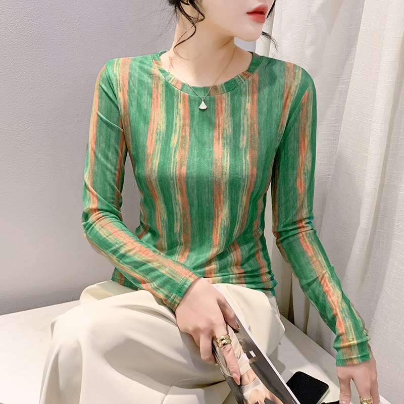 欧货条纹T恤女长袖2024春装新款洋气圆领薄款上衣修身百搭打底衫