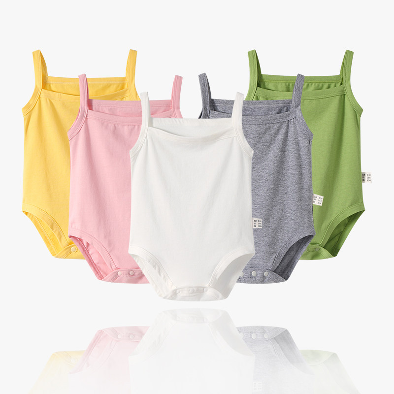 婴儿连体衣服薄款套头吊带背心女宝宝粉色夏季冰丝包屁衣空调爬服