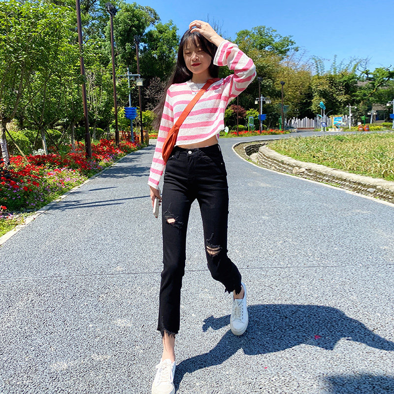 黑色高腰破洞直筒裤女八分牛仔裤弹力显瘦烟管裤小个子九分夏薄款