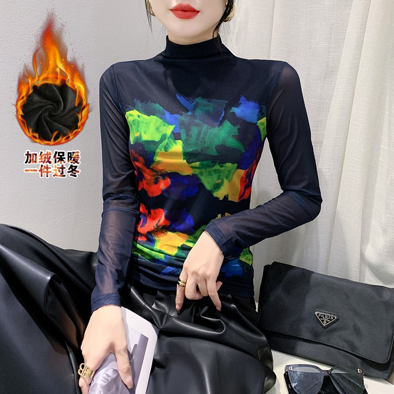 高领加绒加厚网纱打底衫2023秋冬定位印花长袖t恤女修身显瘦上衣