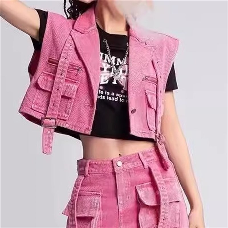 复古粉色大口袋设计工装牛仔套装女无袖马甲短款+高腰包臀短裙潮