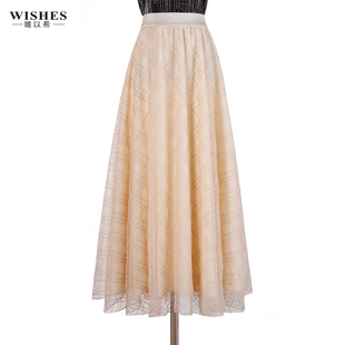 2022早春新款网纱刺绣高腰白色半身裙a字裙中长款格子裙百褶裙女