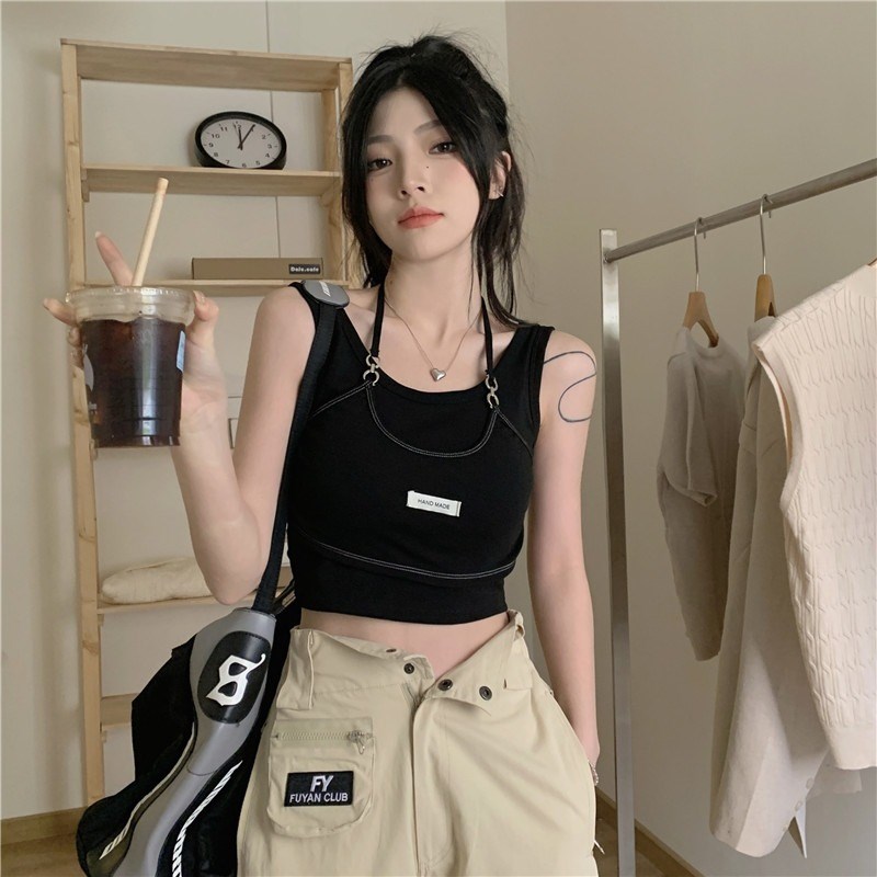 美式假两件挂脖吊带背心女夏季设计感小众美背抹胸辣妹短款上衣潮