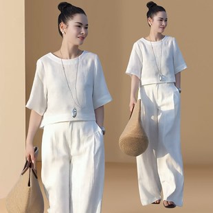 高级感气质时尚套装女2025夏季新款设计感小众亚麻阔腿裤子两件套