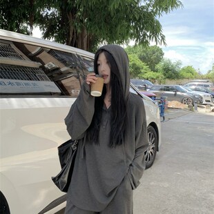 MM谢谢家大码女装胖mm柔软垂感防晒套装夏季宽松连帽长袖T恤+裤子