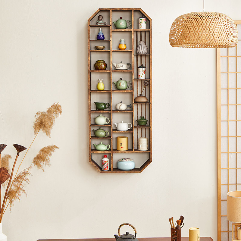 博古架实木中式茶杯架多宝阁收纳架茶具置物架茶壶展示架壁挂上墙