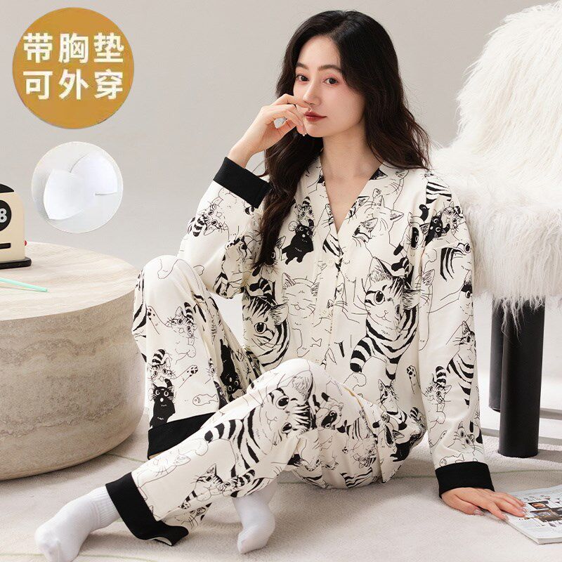 睡衣女春秋款带胸垫一体纯棉长袖和服黑白纯欲风可外穿Z家居服套