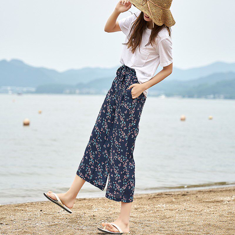碎花阔腿裤女夏雪纺垂感2024新款七分高腰花苞复古温柔风直筒裤子
